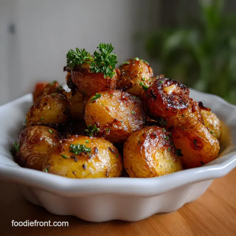 Tender, roasted potatoes artfully arranged on a white plate, garnished with fresh parsley, exuding warmth and inviting tex...