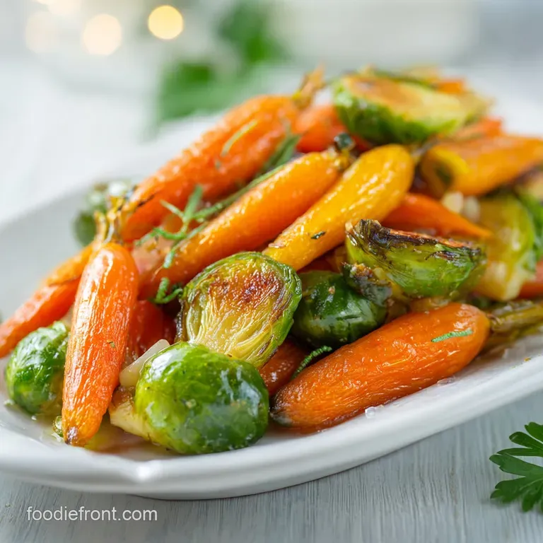 A rustic ceramic bowl overflowing with vibrant orange carrots and deep green Brussels sprouts, artfully arranged.