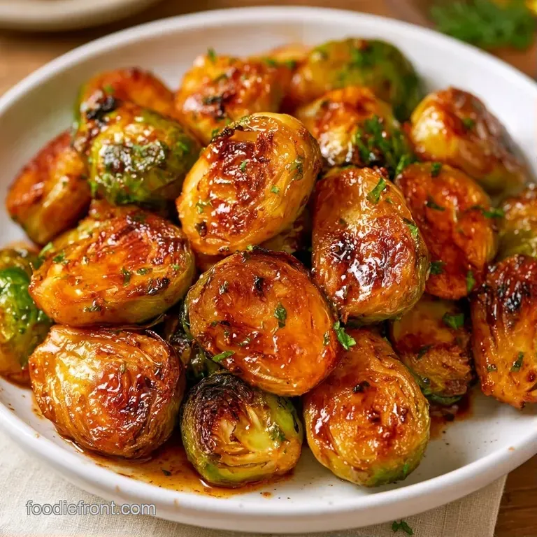 Charred green sprouts piled on a matte ceramic plate, drizzled with dark syrup and sprinkled with salt flakes.