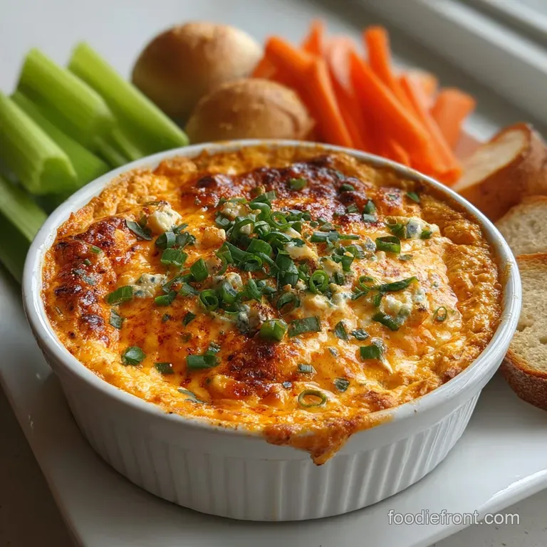Creamy buffalo chicken dip in a white ceramic dish, garnished with fresh parsley and served with crisp tortilla chips. Zes...