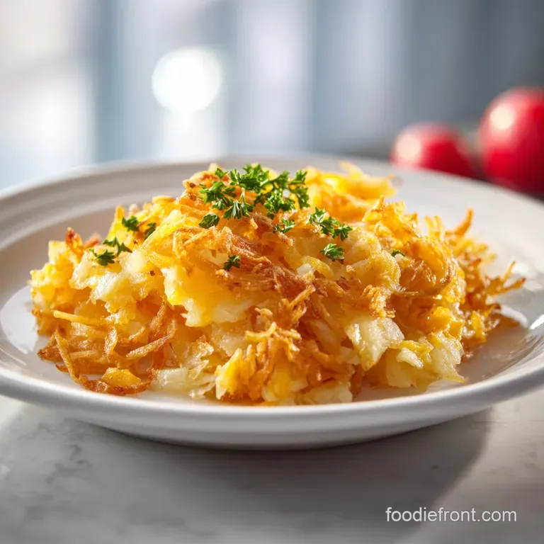 Creamy cheesy potatoes, garnished with herbs, in a white bowl. A spoonful is pulled away, revealing steamy, soft potato.