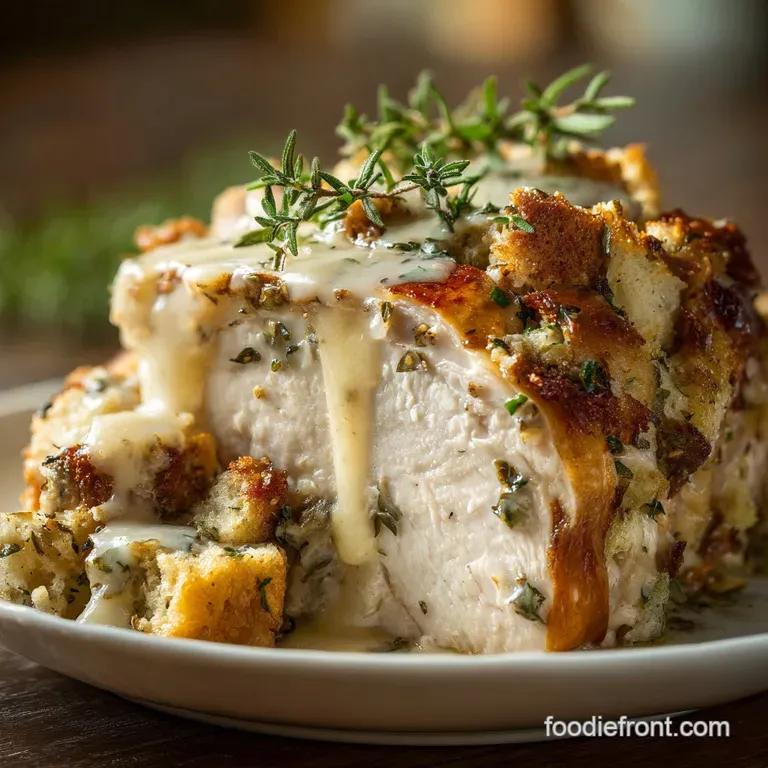 Elegant plate featuring juicy turkey slices, fluffy stuffing, vibrant cranberry sauce, and a drizzle of savory gravy. Than...