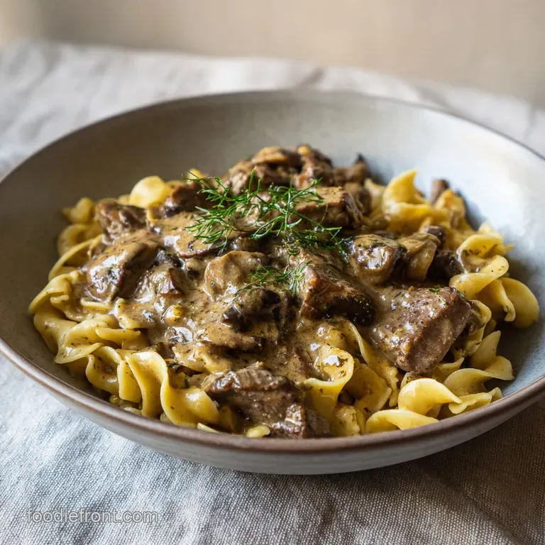 Elegant plate of creamy venison stroganoff garnished with fresh herbs. Tender meat and a velvety, steaming sauce invite yo...