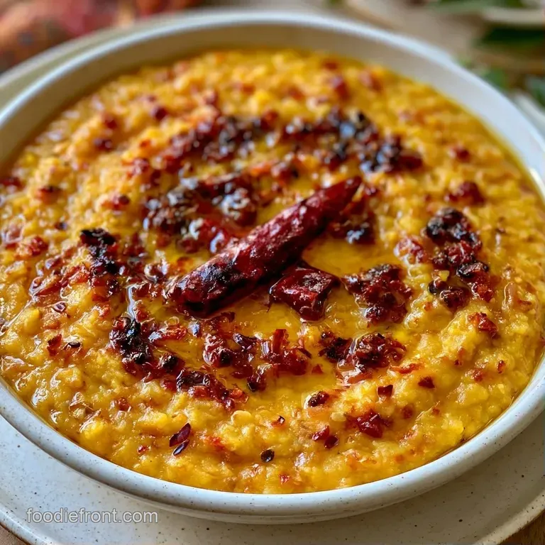 A bowl of creamy yellow lentils garnished with fried cumin and red chilies, served beside fluffy white basmati rice.