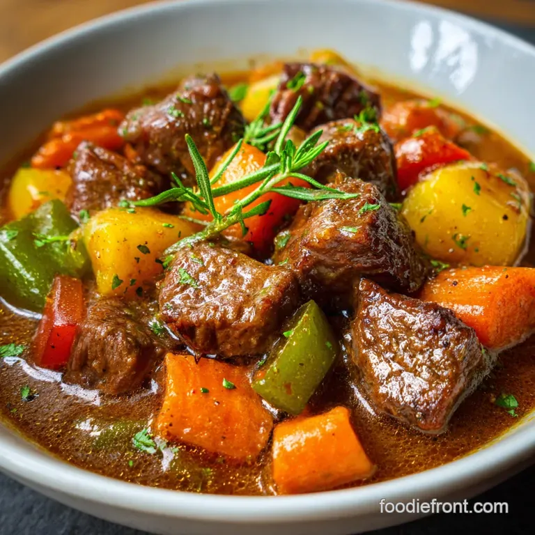 Warm, rustic beef stew served in a white bowl, garnished with fresh parsley, showcasing the rich color and hearty texture.