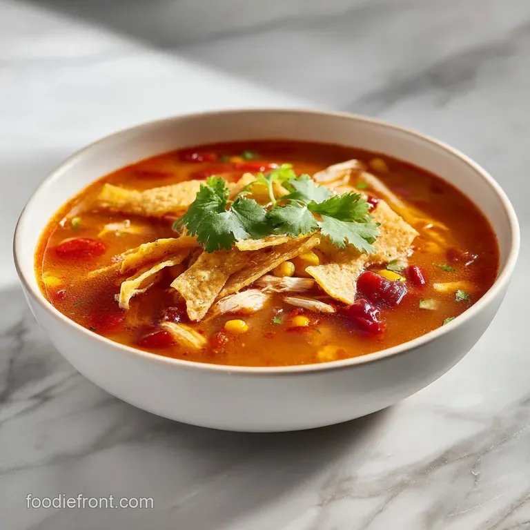 A close-up shows tender chicken and corn kernels in a rich broth, topped with crunchy tortilla strips and a dollop of sour...