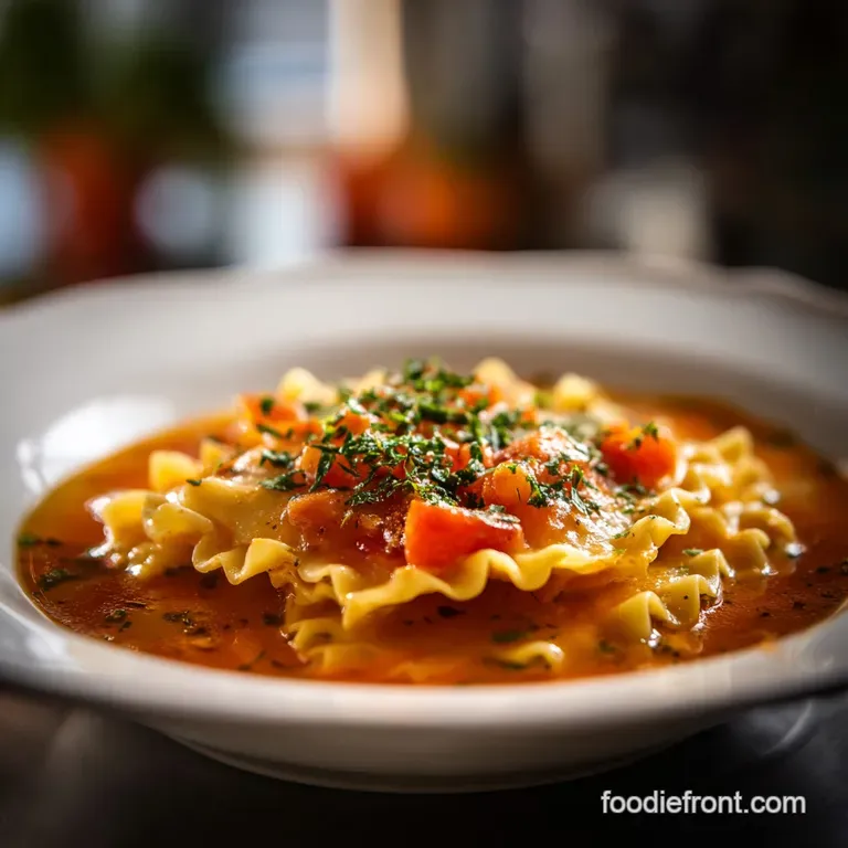 A steaming bowl of lasagna soup, artfully garnished with dollops of ricotta and fresh parsley.