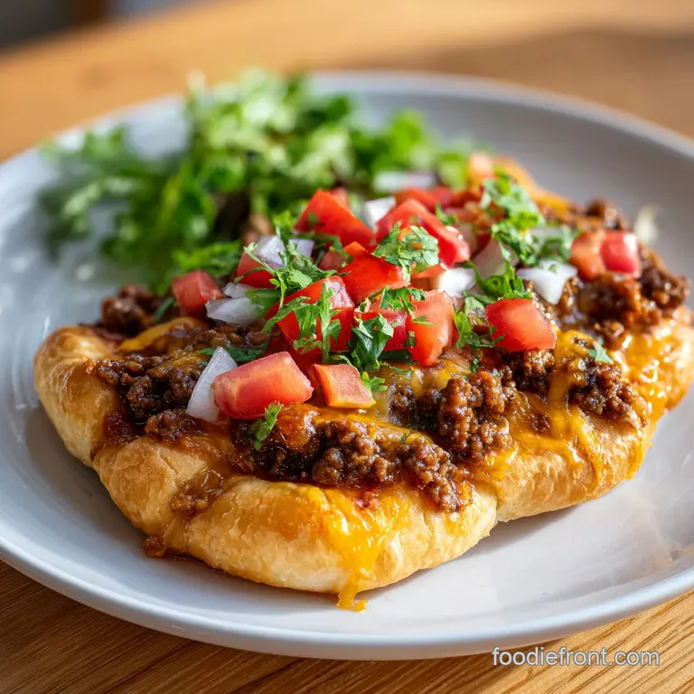 A slice of loaded taco pizza with seasoned ground meat, vibrant salsa, and fresh cilantro on a white plate.
