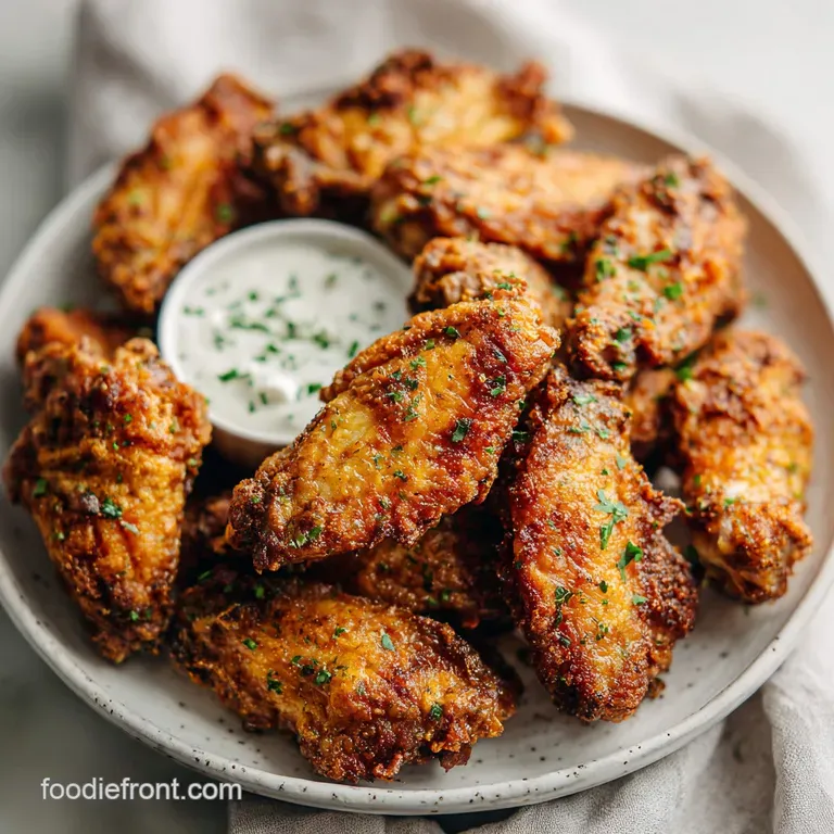 Crispy baked chicken wings arranged on a white plate, garnished with fresh parsley. Side of creamy dipping sauce adds cont...