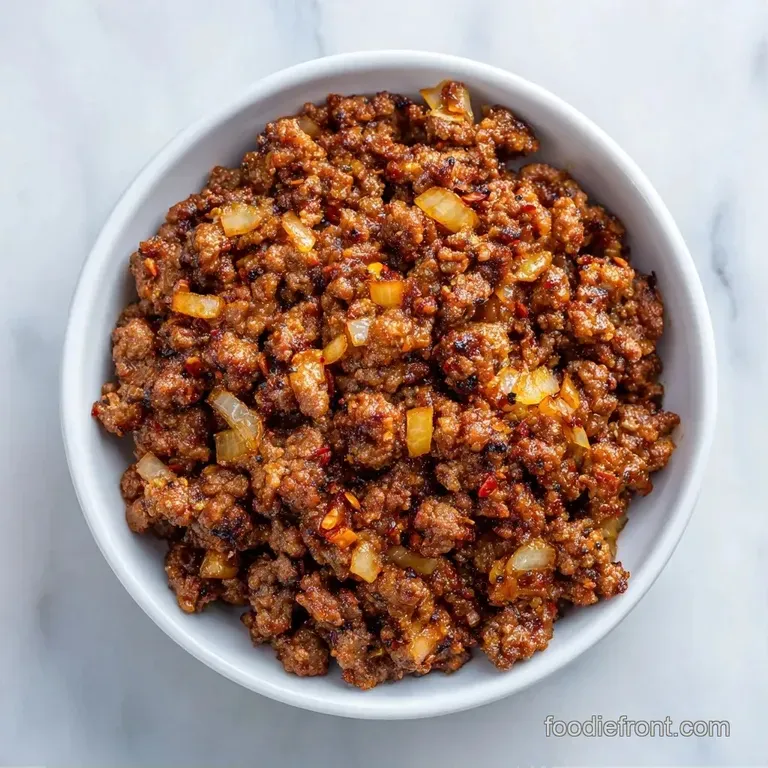 Seasoned beef crumbles neatly piled in a white ceramic bowl garnished with a sprinkle of fresh green parsley.
