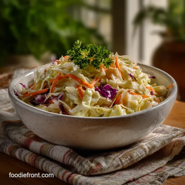 Elegant, bright coleslaw artfully arranged on a white plate. The creamy slaw offers a satisfying contrast to the fresh, cr...