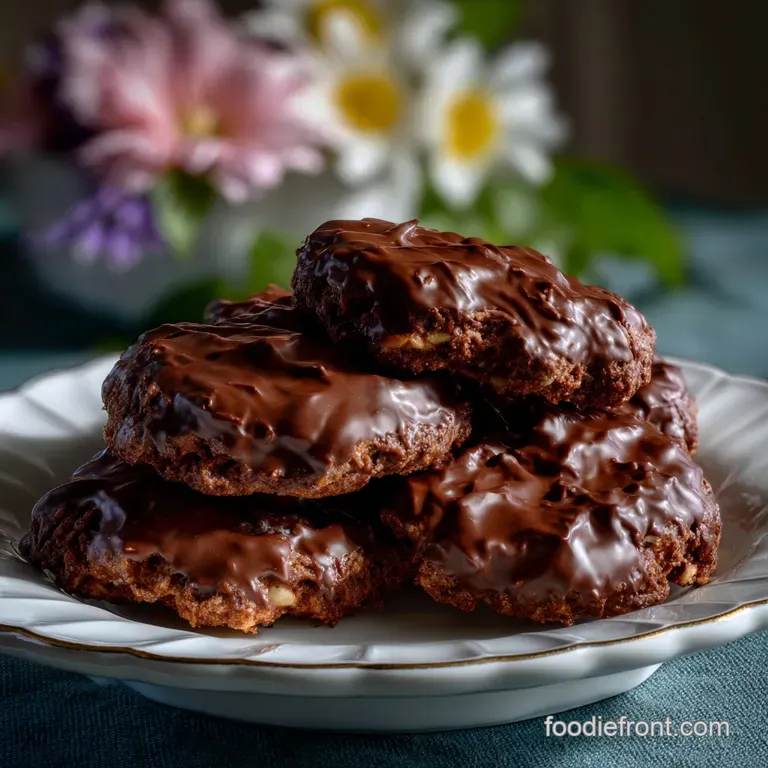 Arrangement of chocolate cookies on a white ceramic plate. Smooth, dark surfaces contrast with a bright, clean background....