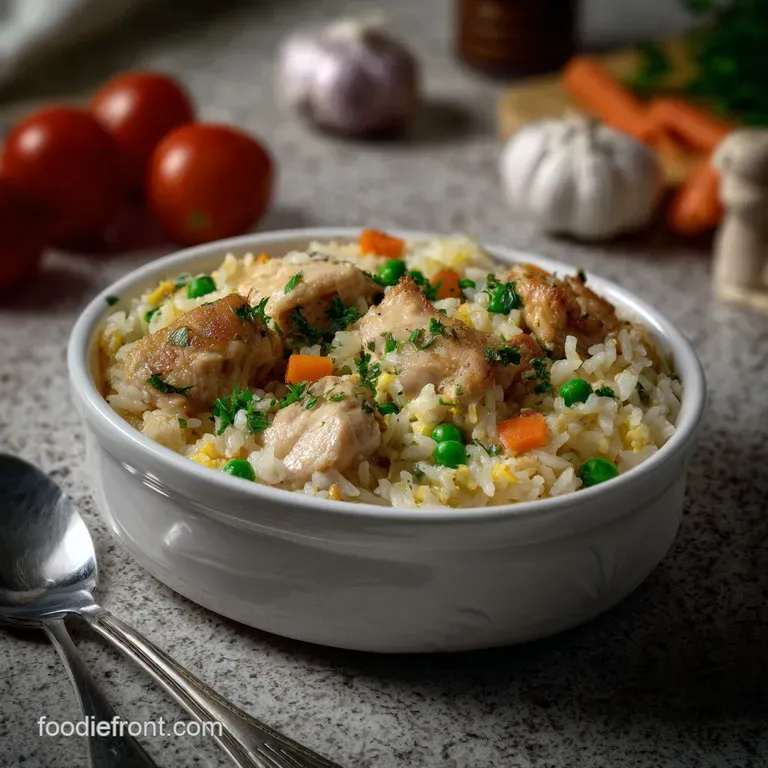 A single serving, elegantly plated with fluffy rice, succulent chicken, and a medley of colorful, glistening vegetables. A...