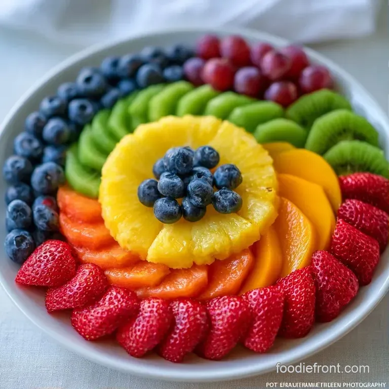 A polished white platter piled high with glistening, colorful fruit chunks garnished with fresh mint leaves.