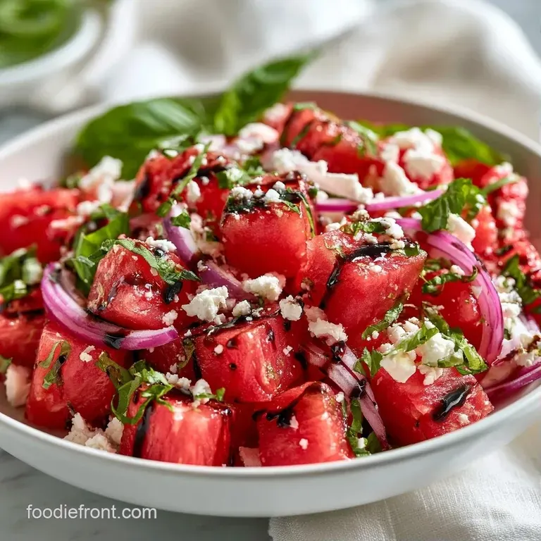 Bright red cubes of fruit mixed with white crumbles and thin purple onion slices in a modern white ceramic bowl.
