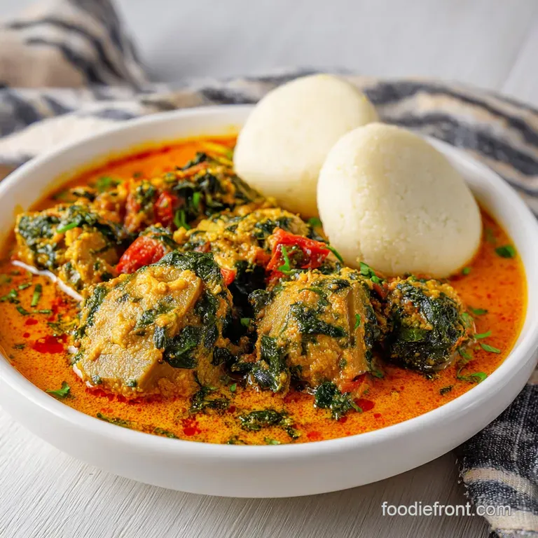 A single, artful quenelle of fufu sits beside a pool of rich, orange-yellow egusi sauce with visible ground melon seeds.