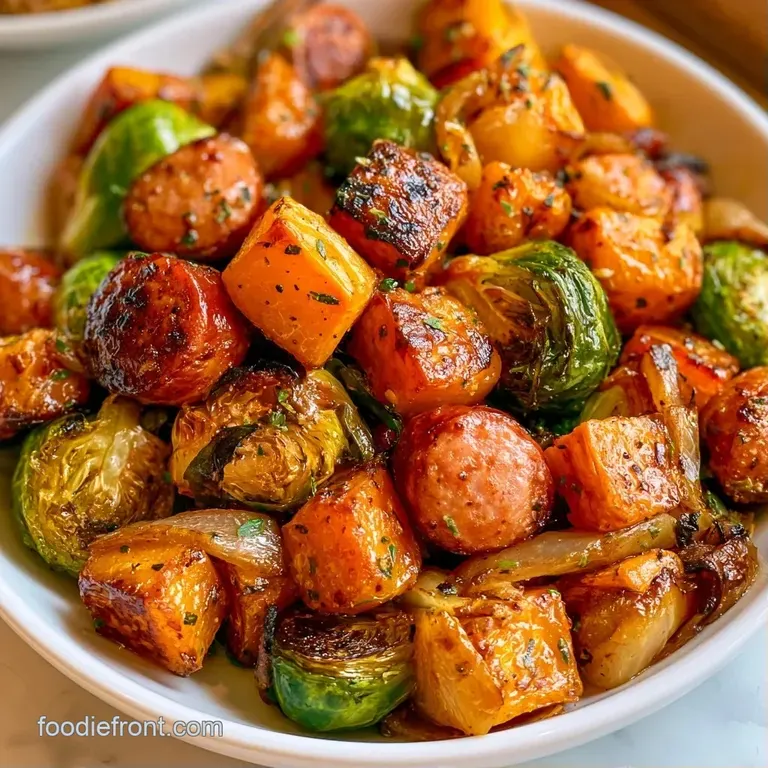 Vibrant orange sweet potatoes and charred sprouts neatly plated with seared sausage and a sprinkle of fresh parsley.