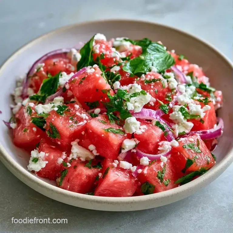 Neatly arranged red watermelon cubes and white feta crumbles accented by fresh mint on a modern matte white plate.