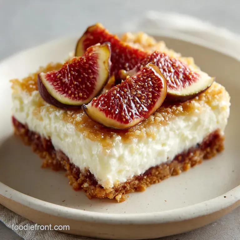 A single slice of fig cream cheese bar, glistening with jam, served on a white plate with a sprinkle of powdered sugar.