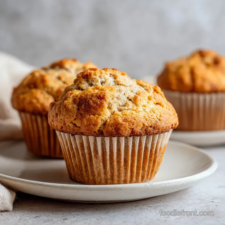 A single banana muffin halves on a plate, offering a glimpse of the moist interior. Warm color, delicate crumb, irresistib...