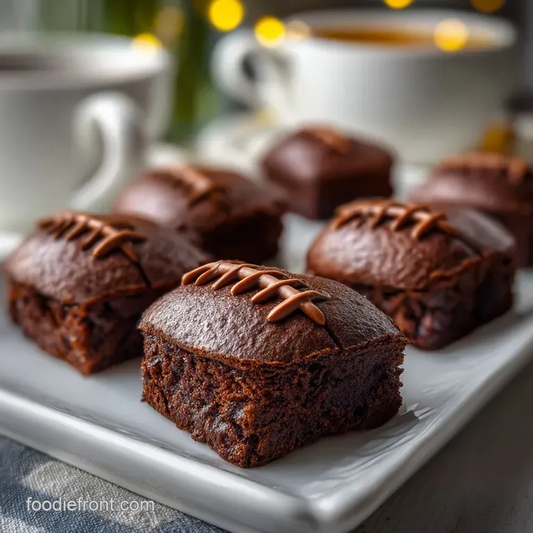 Three mini football brownies artfully arranged on a white plate, dusted with cocoa powder and garnished with fresh raspber...