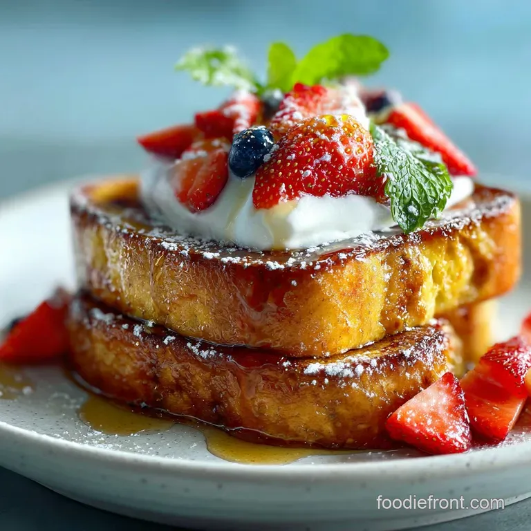 Perfectly browned french toast plated with juicy strawberries and a sprig of mint, hinting at a sweet & delicious breakfast.