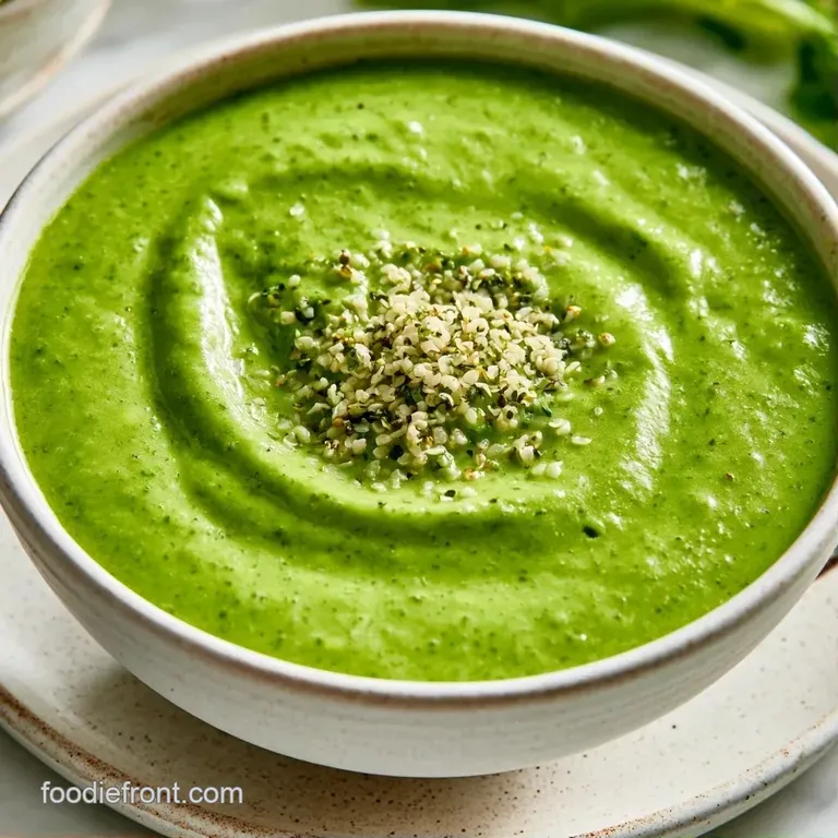 Chilled glass of bright green smoothie on a marble surface, garnished with a fresh mint leaf and a wooden straw.