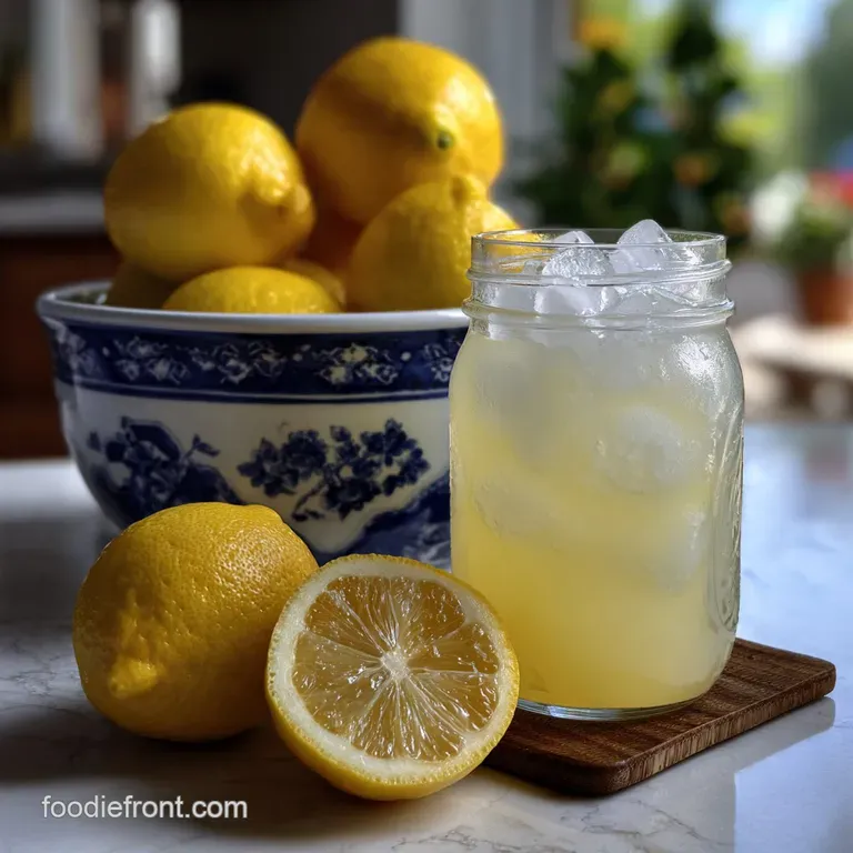 Elegant glass of chilled lemonade, glistening with condensation, set on a rustic wooden tray with a sprig of mint. A light...