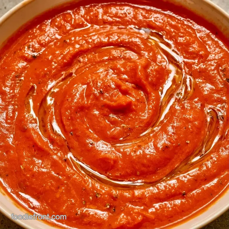 A deep white ceramic bowl of rich red soup paired with a toasted sourdough slice on a slate gray background.