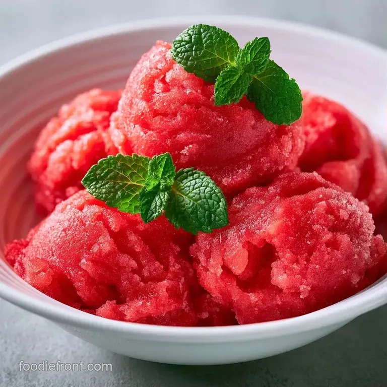 Three neat scoops of frosty red dessert in a white ceramic bowl on a white marble surface with a polished silver spoon.