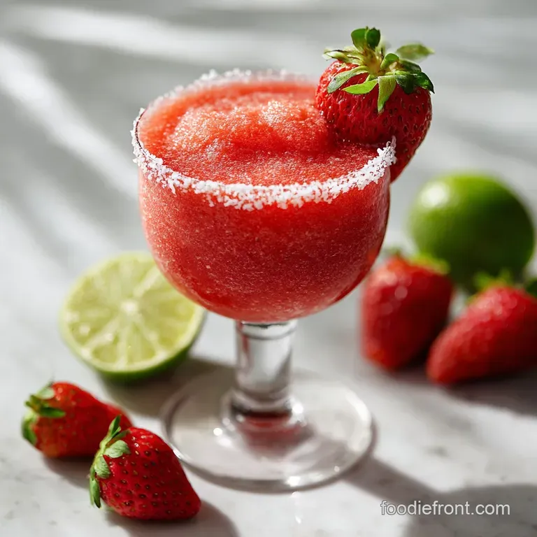 Elegant margarita glass filled with a smooth, vibrant pink frozen strawberry drink. Garnish of fresh strawberry slice and ...