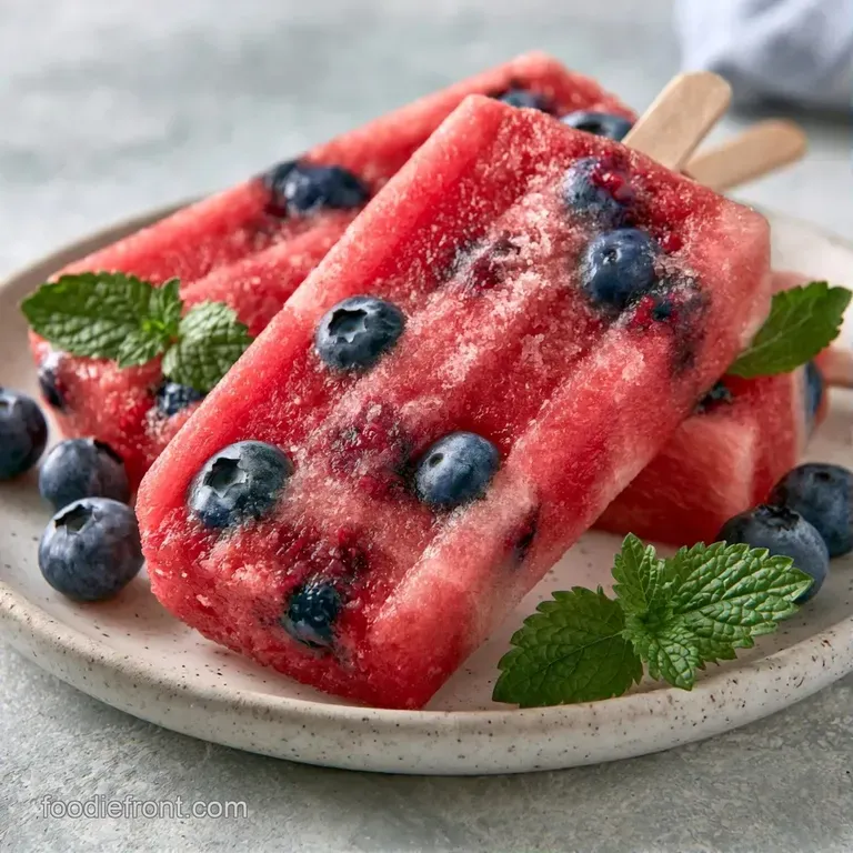 Three bright pink frozen treats leaning against fresh watermelon wedges on a rustic wooden board with mint.