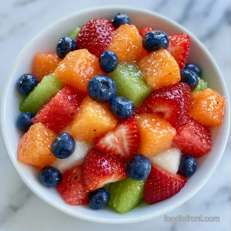 Artfully arranged orange melon spheres and mixed berries on a white ceramic plate with a fresh mint garnish.