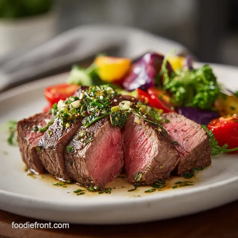 Tender beef sirloin, herbs & garlic on white plate. Juicy, browned crust. Green herb sprigs provide color & appetizing con...