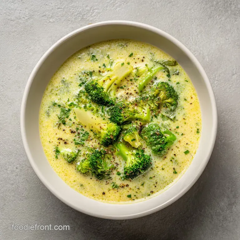 A white bowl cradles the creamy green soup, topped with a swirl and fresh herbs.