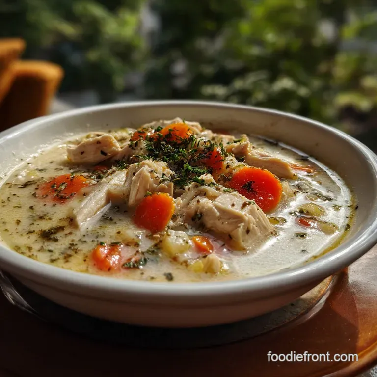 Silky, ivory-colored soup in a white bowl, garnished with a swirl of fresh chives, a drizzle of olive oil, and crusty bread.