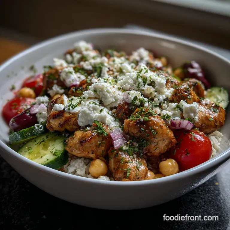 Perfectly plated bowl. Juicy pan-seared chicken contrasts against fluffy chickpeas, and fresh herbs. inviting and delicious