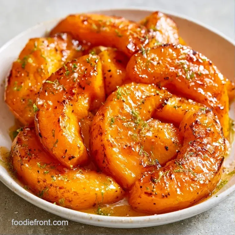 Slices of charred orange melon arranged in a fan shape, topped with fresh mint and a drizzle of clear syrup