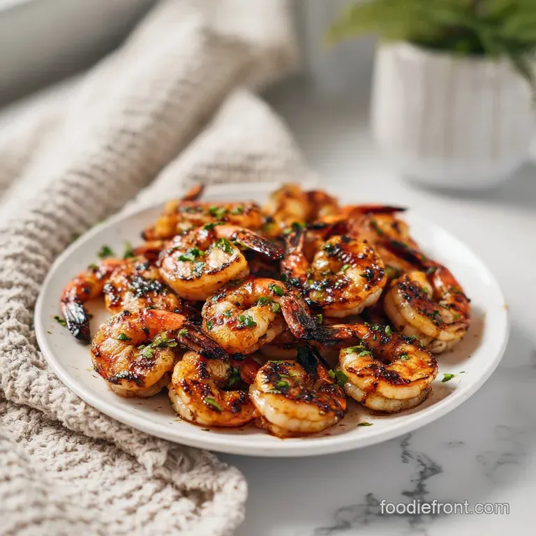 Perfectly arranged grilled shrimp on a white plate, bright cilantro garnish, with a drizzle of sauce, showcasing an elegan...