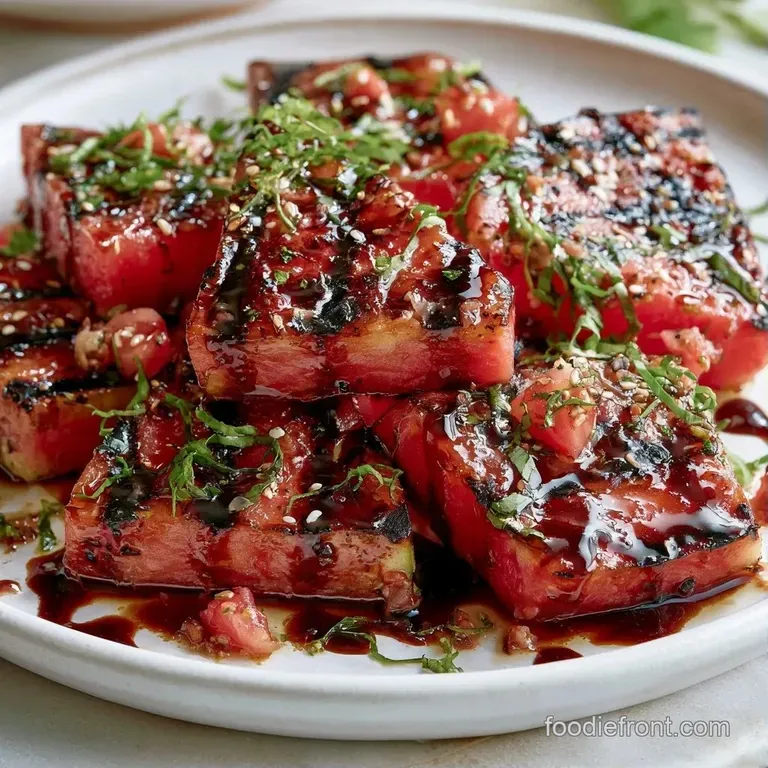 Vibrant red charred fruit and white feta crumbles artistically plated with fresh mint and a dark balsamic drizzle.