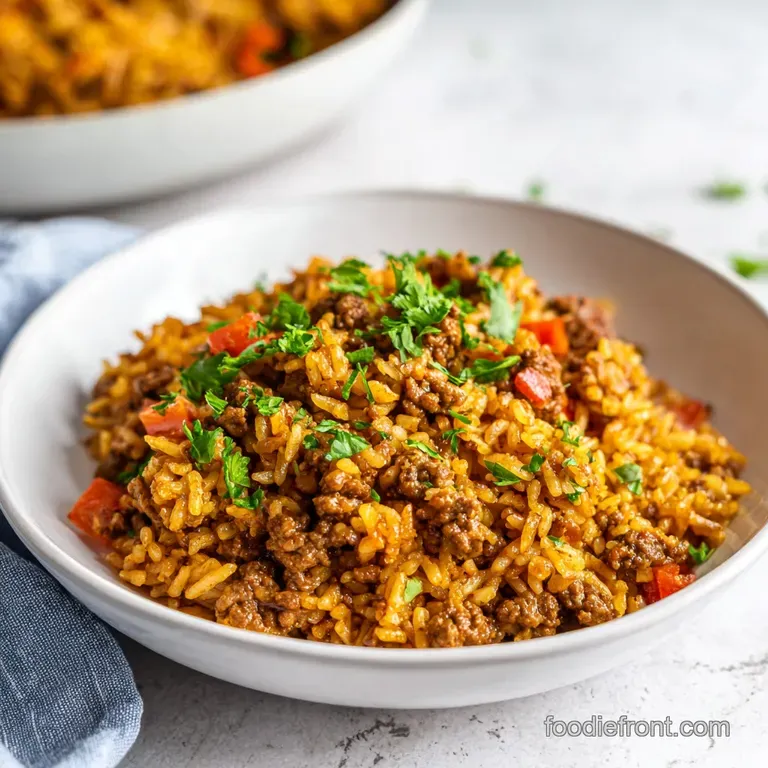 A generous scoop of savory beef and rice, topped with fresh parsley, presented in a rustic bowl.