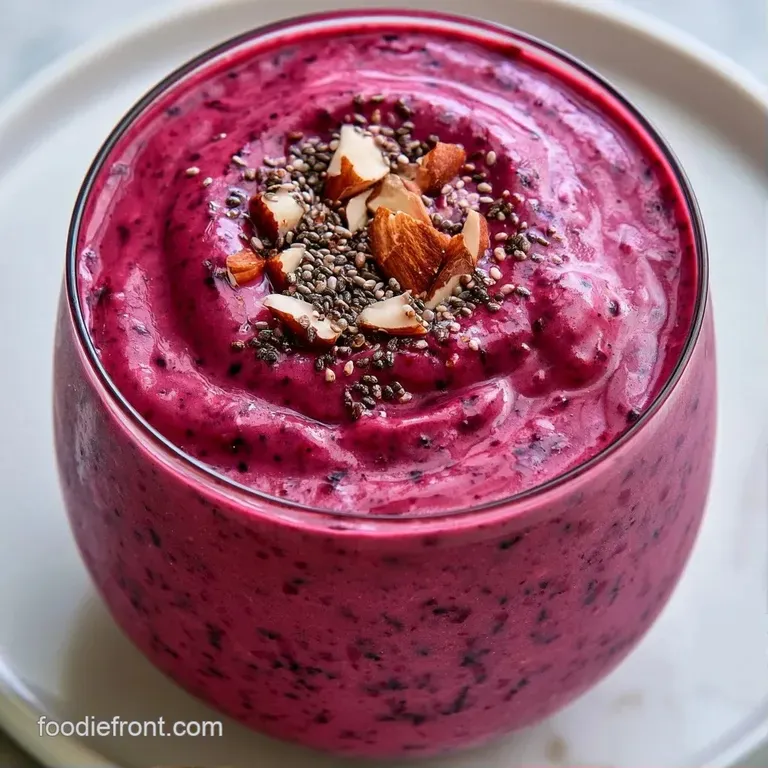 Chilled purple blend in a glass jar on a white marble surface with a reusable straw and fresh berry garnishes.