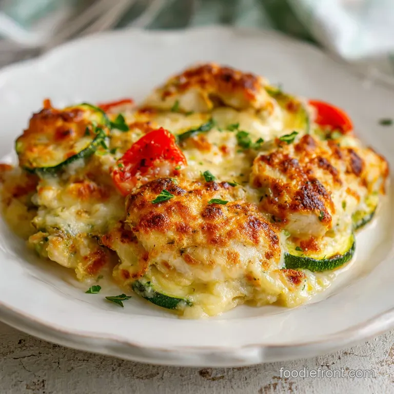 A slice of baked casserole, showing layers of chicken and zucchini, served with a side of fresh greens.
