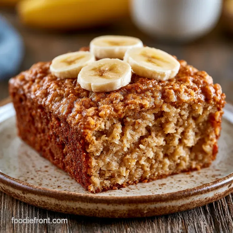 A golden cake slice on a white ceramic plate, topped with a honey drizzle and fresh banana slices on linen.