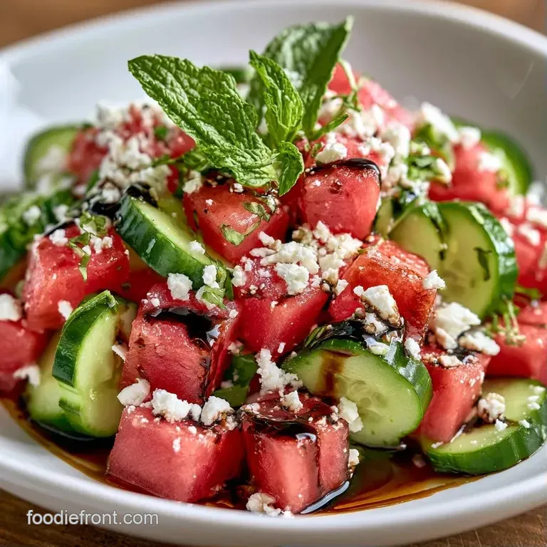 Chilled red melon cubes and snowy white feta arranged elegantly on a marble slab with fresh mint sprigs.