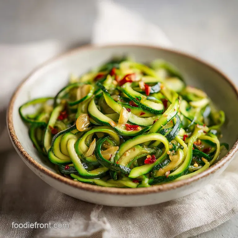 A white ceramic bowl filled with spiraled green vegetable ribbons, topped with toasted pine nuts and fresh herbs.
