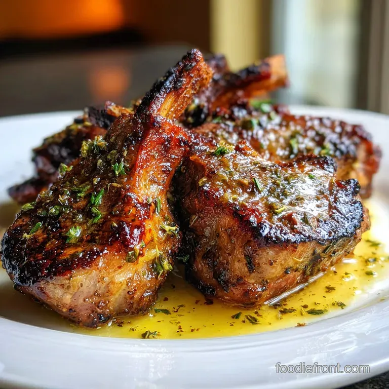 Perfectly seared lamb chop with a crisp crust. Garnished with herbs and set on a bed of vibrant greens.