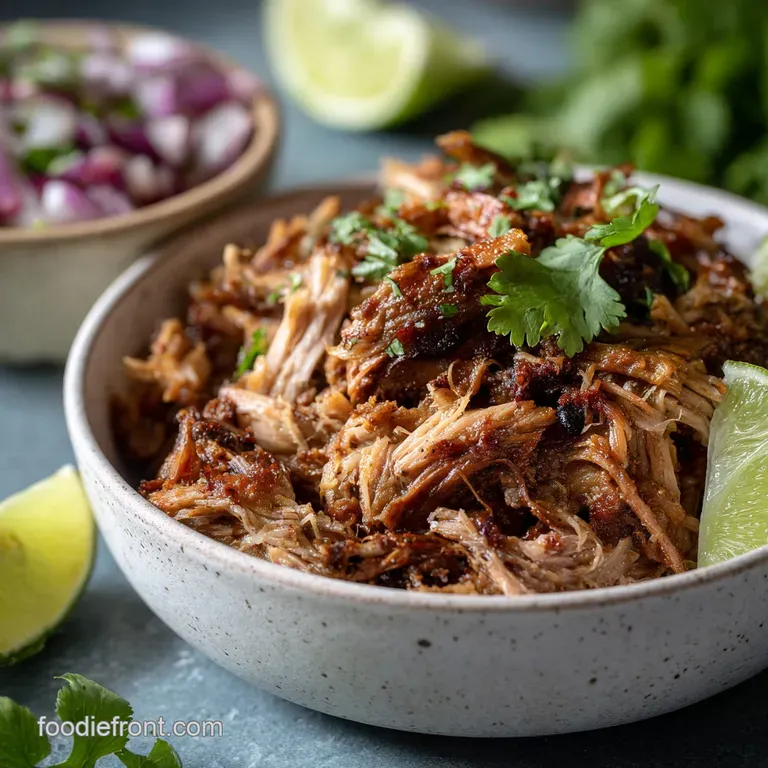 Crisp-edged, shredded carnitas piled high on a rustic plate, vibrant cilantro and lime wedges adding pops of fresh green a...