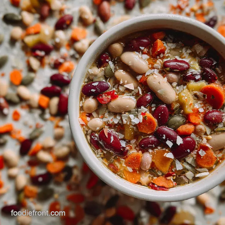 A refined presentation: rich, dark soup ladled into a bright white bowl, garnished with a swirl of cream and fresh, green ...
