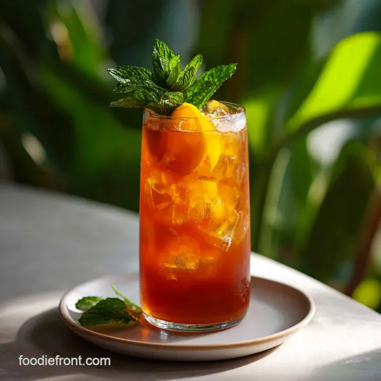 Elegant glass of iced tea with mint sprig and lemon wheel garnish, amber liquid catching the light, served on a wooden tray.